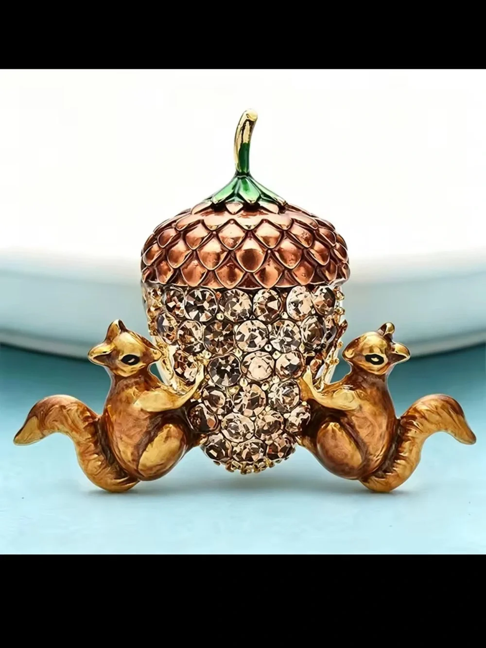 Cute Squirrel Whimsical Acorn Crystal Brooch